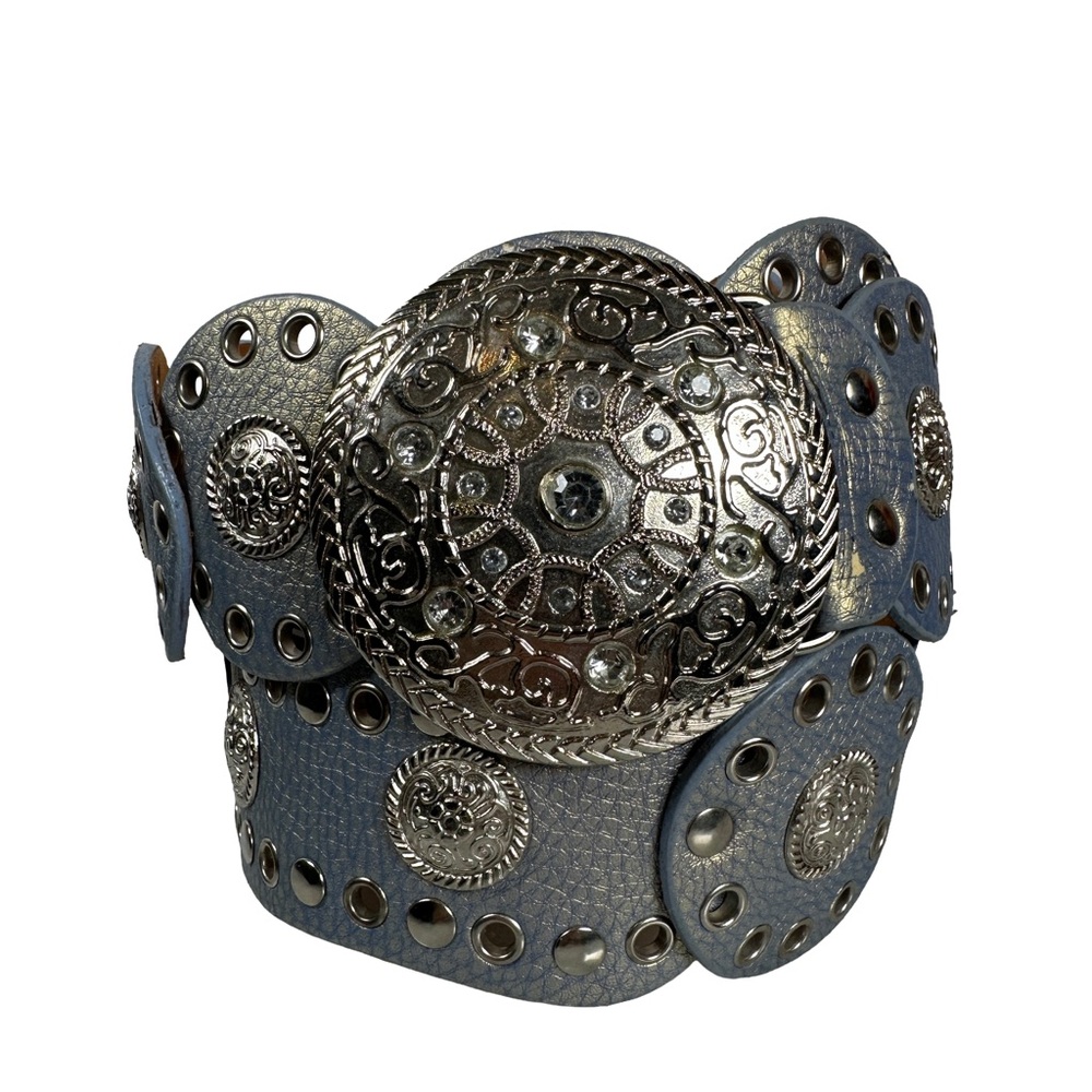 Wide belt silver light blue boho chic western steampunk concho round buckle‎
